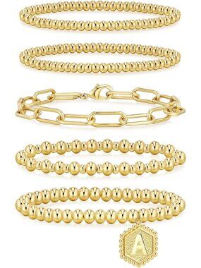 Waterproof Gold Beaded Bracelets for Women, Adjustable Stackable Jewelry Set